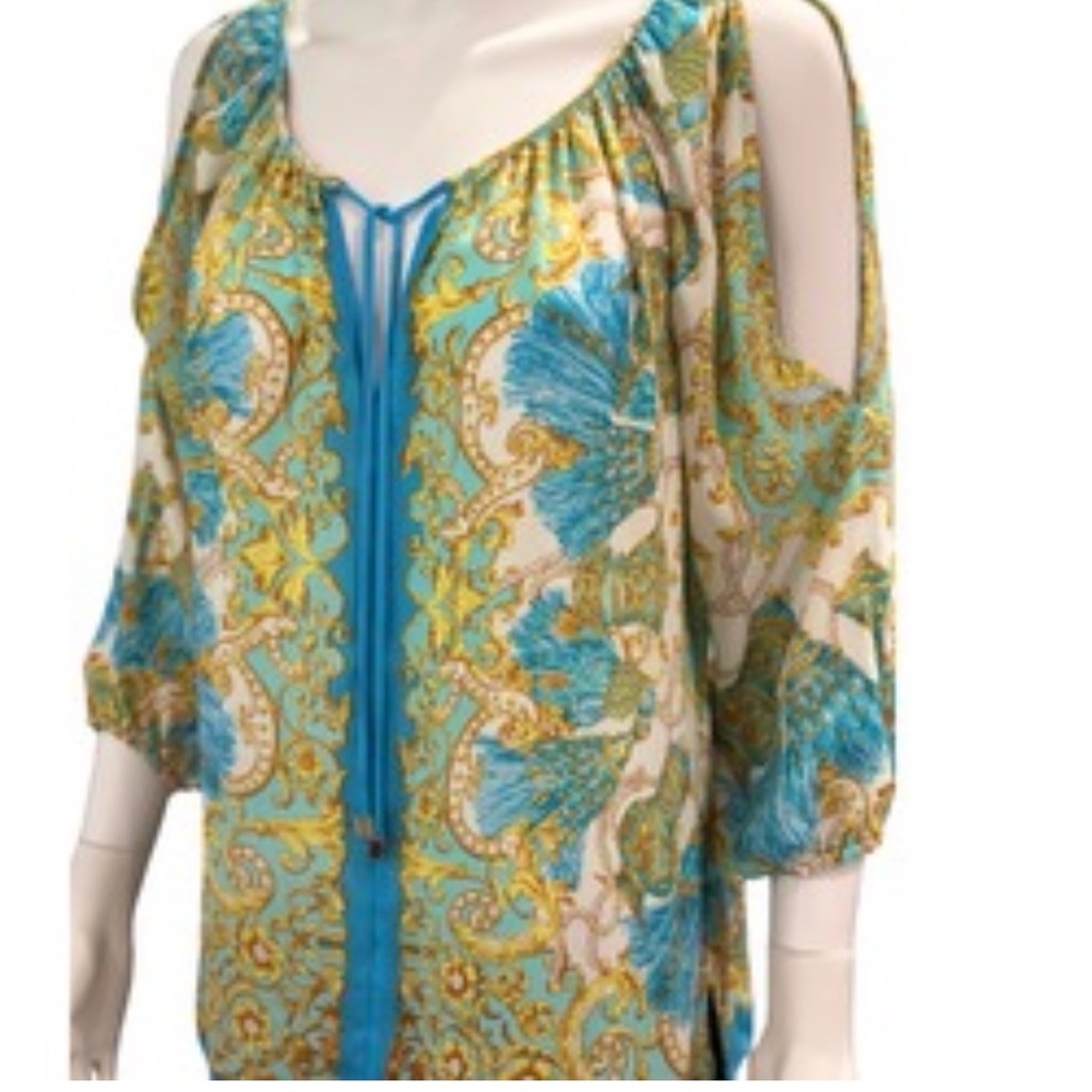 Cache Fresh Summery Yellow Blue Flowy Scarf Print Cold Shoulder Top | M